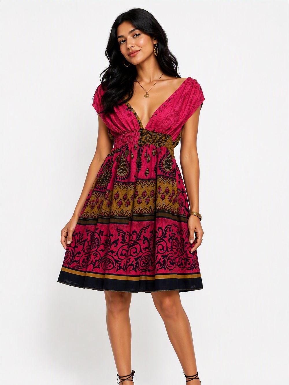 Deep Pink Boho V-Neck Printed Sundress